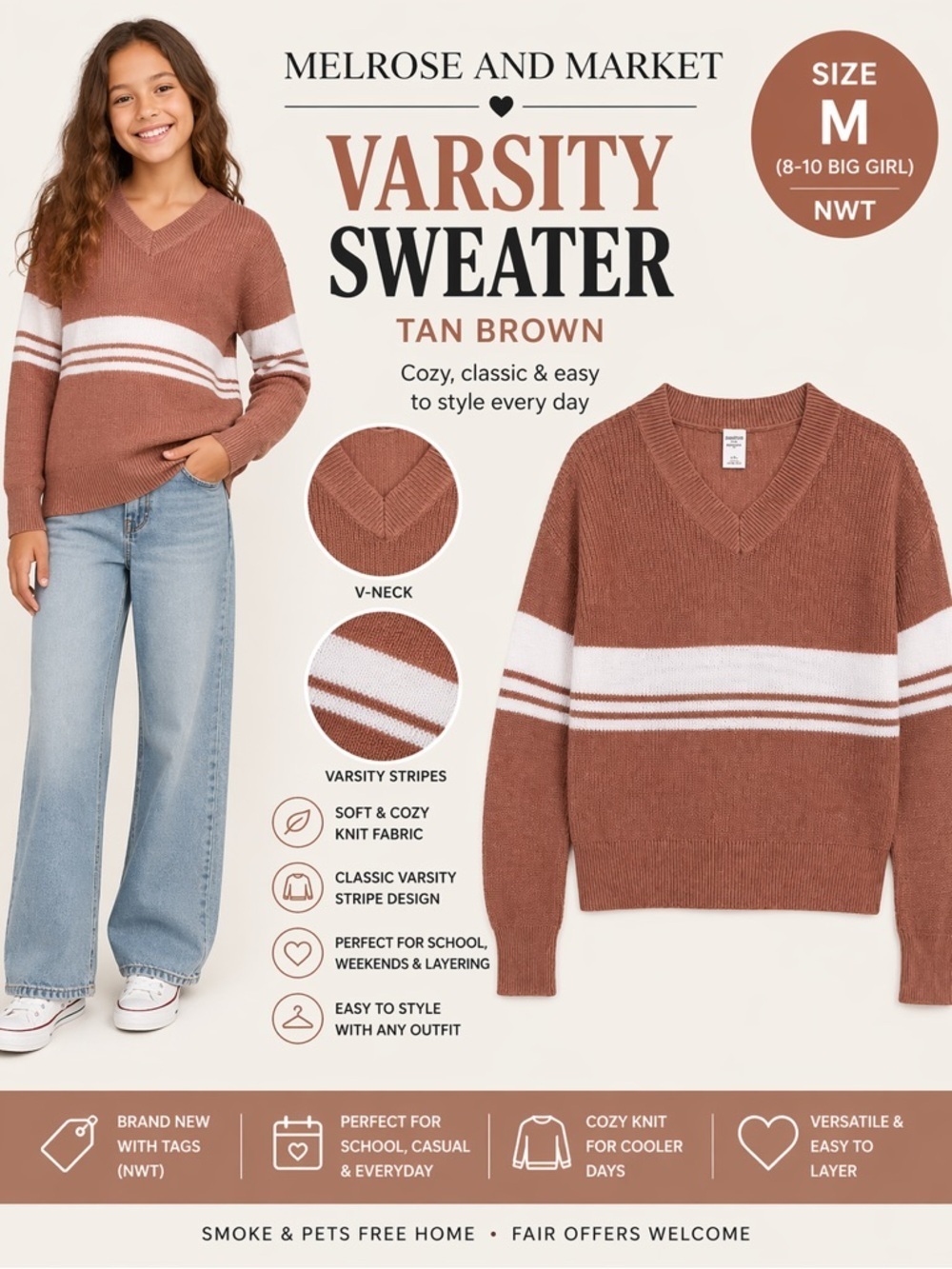 Melrose and Market Girls Varsity Sweater Tan Brown Stripe V Neck Size M 8 NWT - Picture 1 of 3